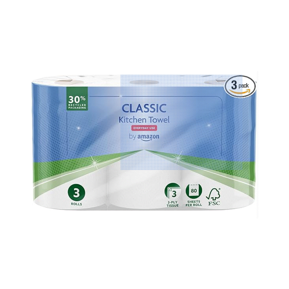 By Amazon Amazon Classic Kitchen Roll 3 Ply Strong And Absorbent Pack Of 3 Rolls 80 Sheets Per Roll Fsc Certified