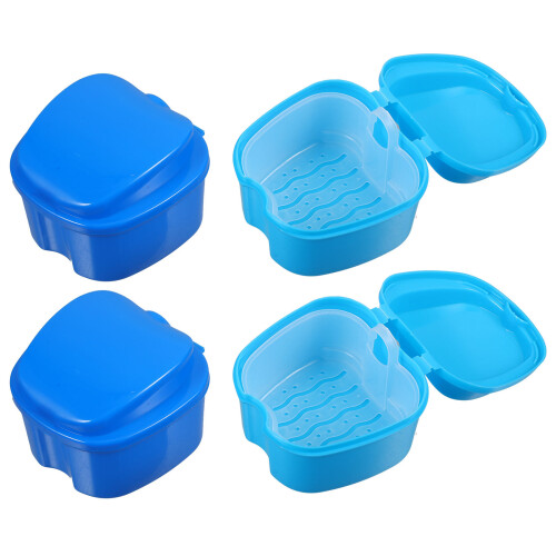 4Pcs Professional Denture Storage Case Blue ABS PP Holder for Daily