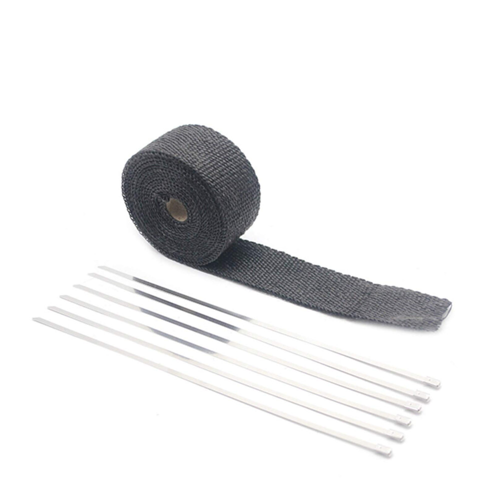 Exhaust Wrap Fiberglass Heat Wrap Roll 5Cm X 5M 10M 15M Ti/ With Stainless Ties For Motorcycle Black 9084446422740