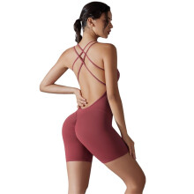 Aluminium Wire Yoga Set L Dark Red Backless Sporty Tight Jumpsuit Romper For Women Gym Fitness One Pieces Set