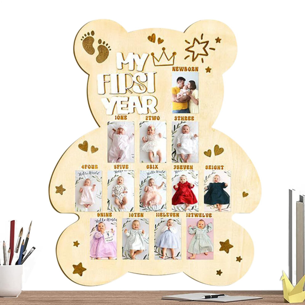 Baby First Year Photo Board Wood Growth Picture Display For New Parents Photographers Bear Head Design