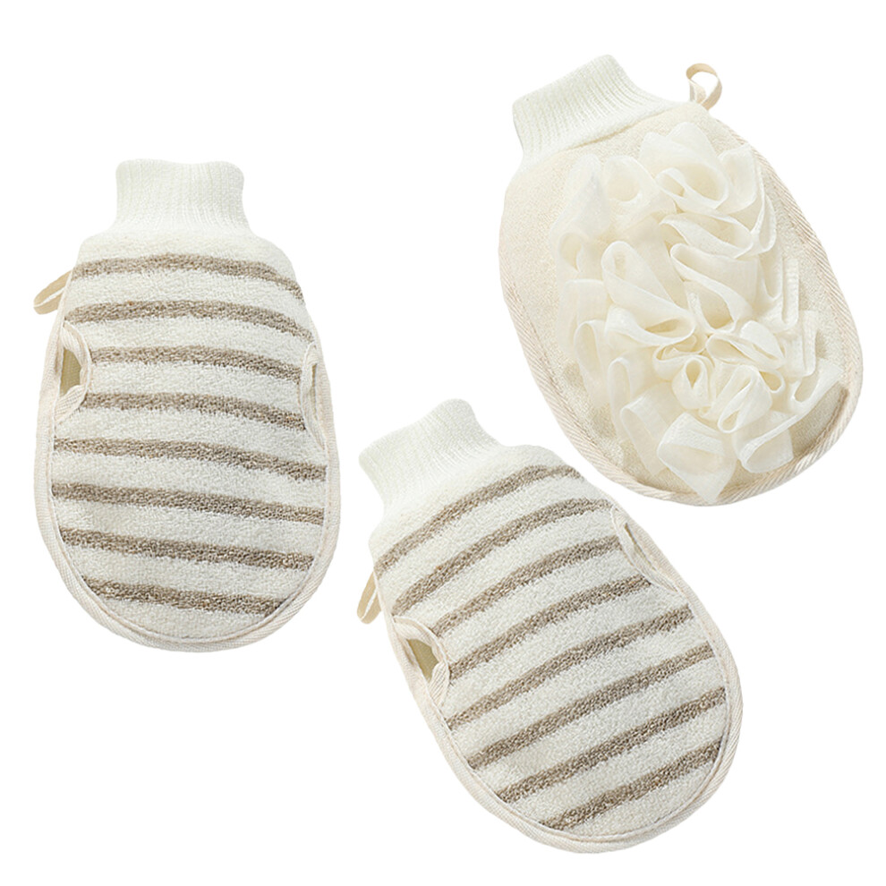 Vaguelly Beige 3Pcs Linen Body Wash Gloves Shower Exfoliating Bath Scrub Mitts