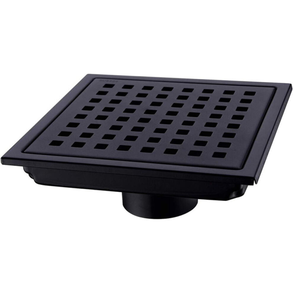6" Square Shower Floor Drain Black Matte, Grille With Removable Cover, Sus304 Stainless Steel 9022594238226