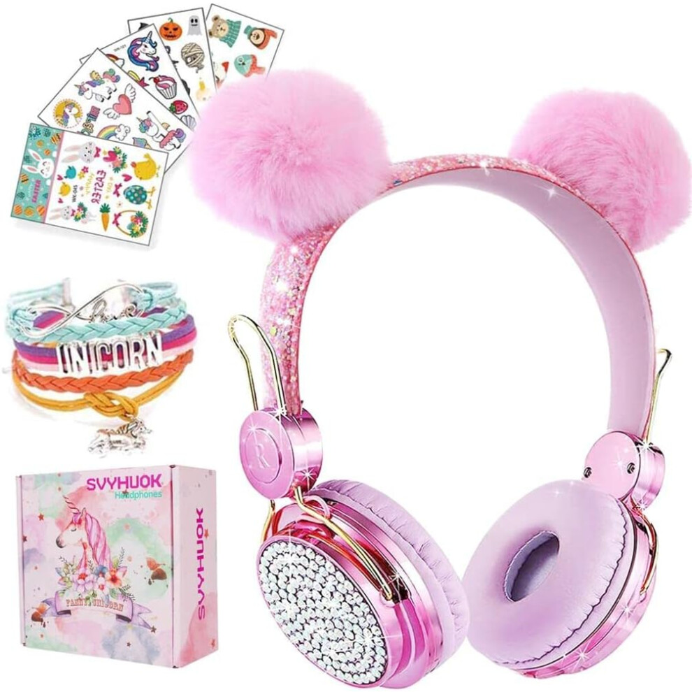 (Ballrosepink) Kids Bluetooth Headphones For Girls, Wireless Headphones With Microphone For Teens, Safe Volume Limited 85Db Pom Cat Ear Overear H 9022594240571
