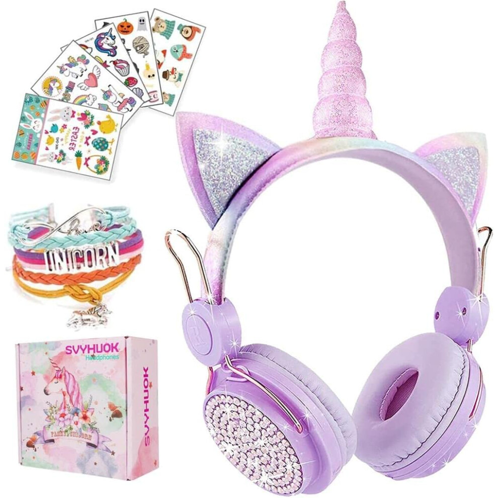 (Purple) Kids Bluetooth Headphones For Girls, Wireless Headphones With Microphone For Teens, Safe Volume Limited 85Db Pom Cat Ear Overear Headset 9022594240618