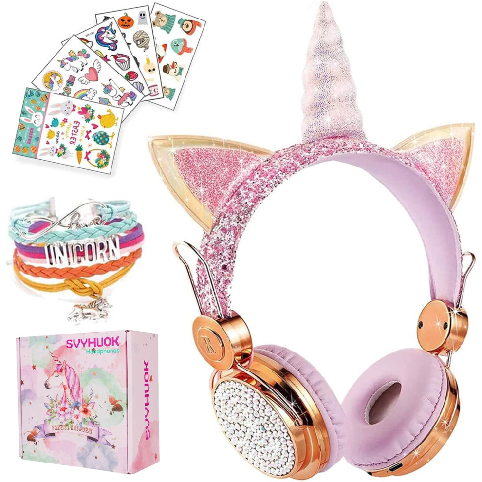 (Golden) Kids Bluetooth Headphones For Girls, Wireless Headphones With Microphone For Teens, Safe Volume Limited 85Db Pom Cat Ear Overear Headset 9022594240595