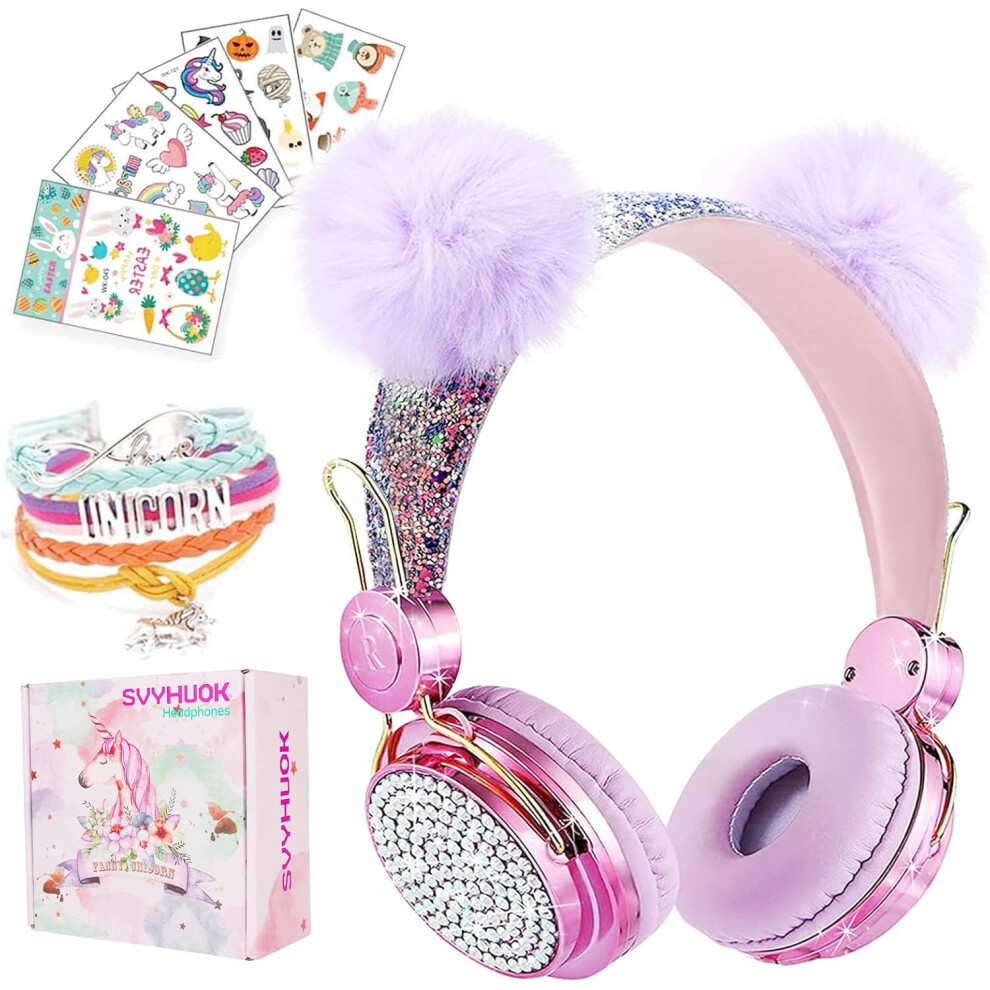 (Ballpurple) Kids Bluetooth Headphones For Girls, Wireless Headphones With Microphone For Teens, Safe Volume Limited 85Db Pom Cat Ear Overear Hea 9022594240564