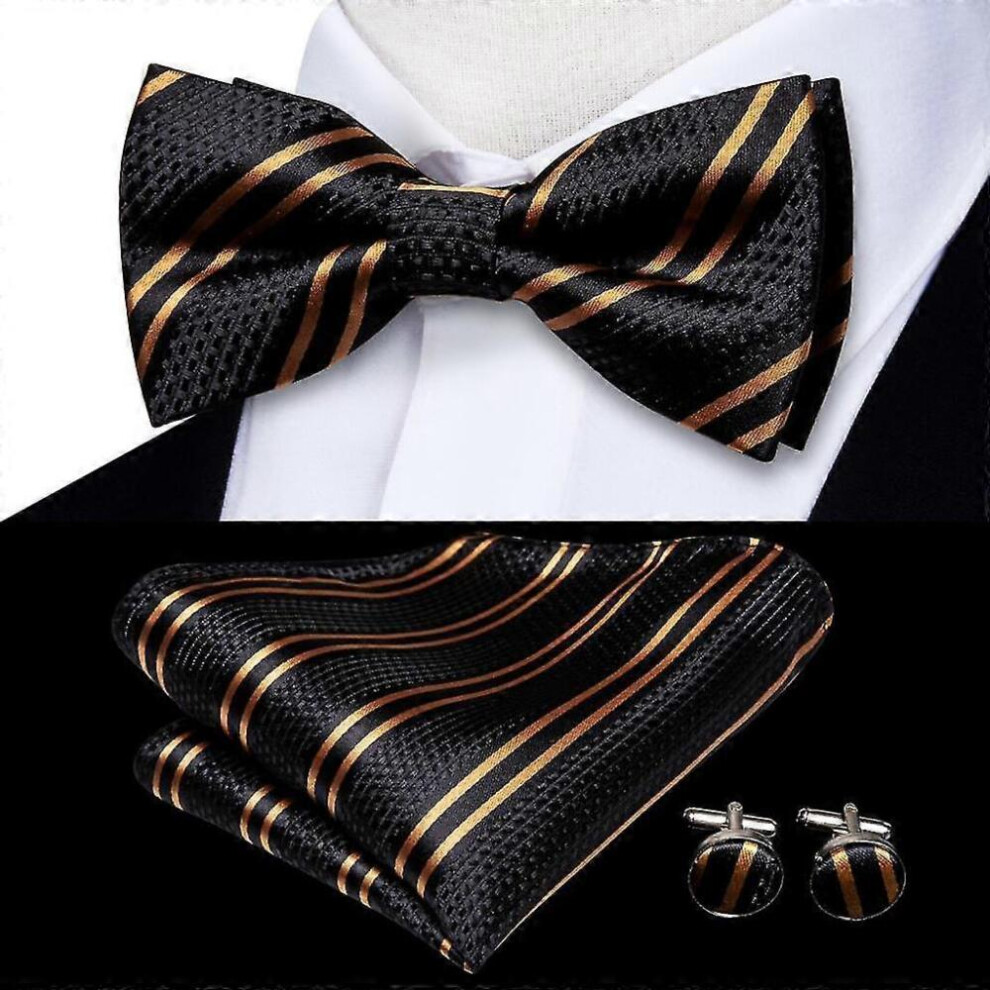 Beige Champagne Gold Silk Mens Bow Tie Hanky Cufflinks Set Jacquard Floral Pre Tied Butterfly Bowtie For Male Wedding Business 9022594246191