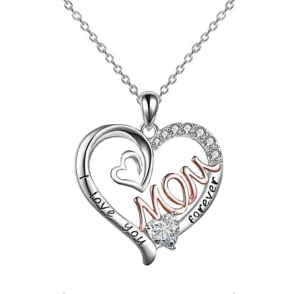 Silver Love Heart Mom Pendant Chain Necklace Cubic Zircon Mum Mother's Day 9022594248058