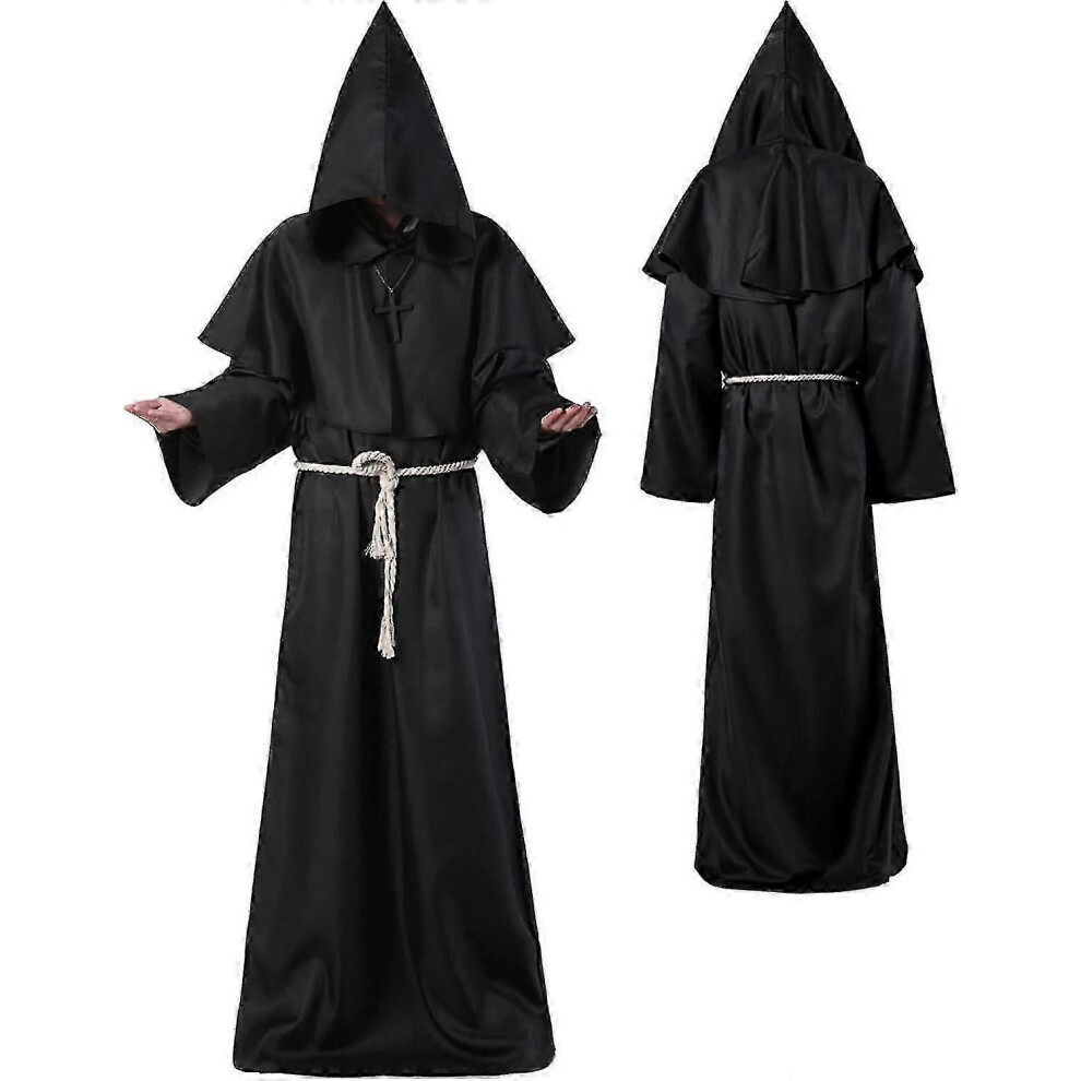 (Black-Small)Unisex Adult Medieval Robe Costume Hooded Robe Cloak Friar Priest Wizard Tunic Costume 3Pcs 9022594248805