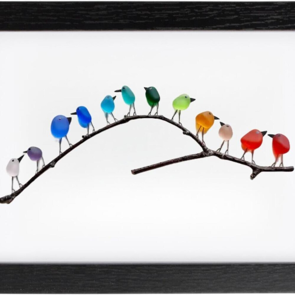 Color Frame Sea Glass Rainbow Bird, Sea Glass Bird On A Branch, Unique Hand-Framed Wall Decor, Rainbow Bird Wall Decor Suitable For Bedroom And L 9022594252017