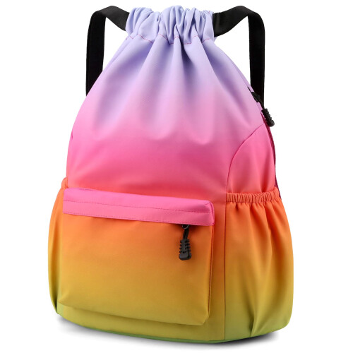 Drawstring Gym Bag Large Size, Mesh Pockets, Water Gradient Color