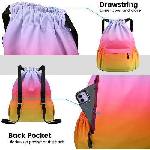 Drawstring Gym Bag Large Size, Mesh Pockets, Water Gradient Color 1