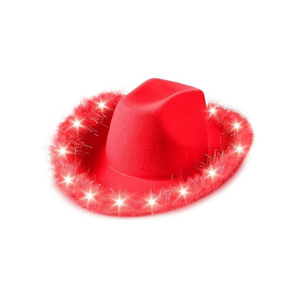 (Red) Light Up Cowboy Hat Western Flashing Hat Music Festival LED Hat Adjustable Furry Brims Flashing Hat Nightclub Headwear Black-image