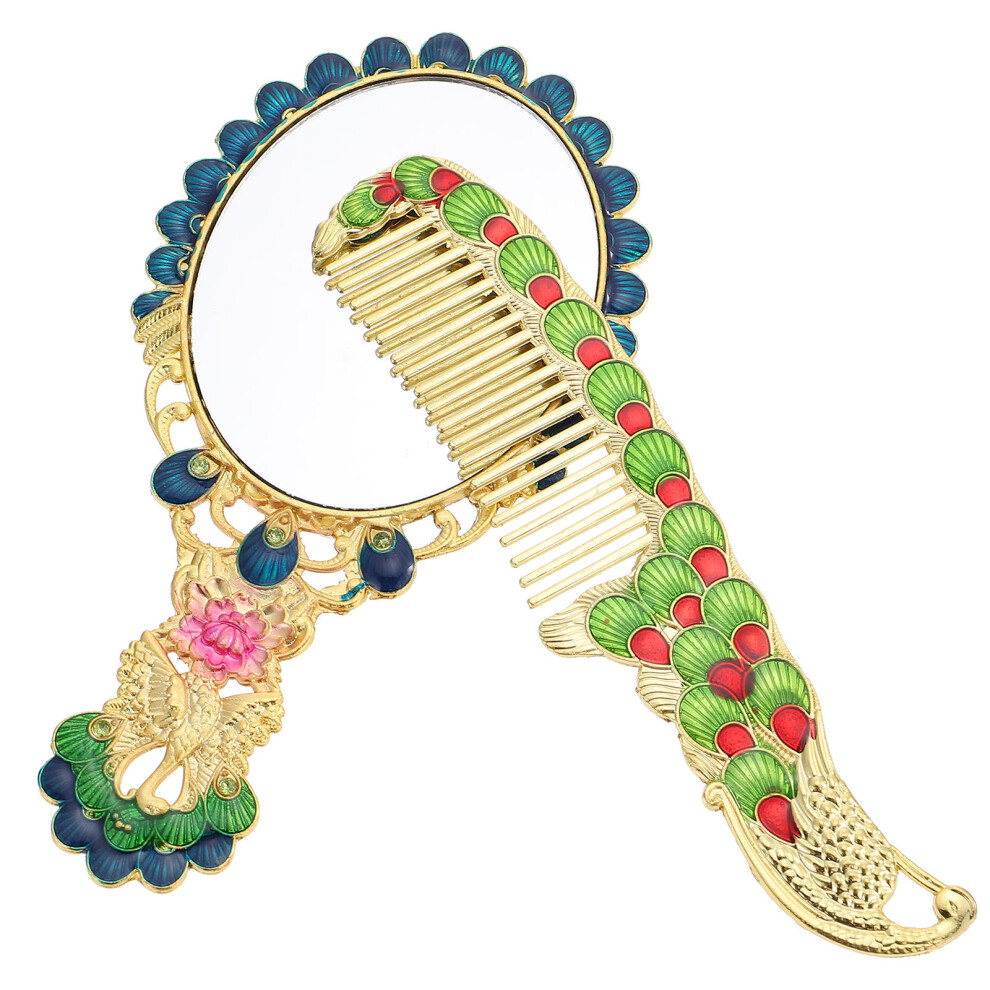 Artibetter Golden 1Set Elegant Vintage Hand Mirror With Comb Zinc Alloy For Home
