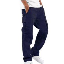 (M, Navy Blue) Men Combat Cargo Pants Multi Pockets Casual Trousers Drawstring Tactical Army Loose Bottoms