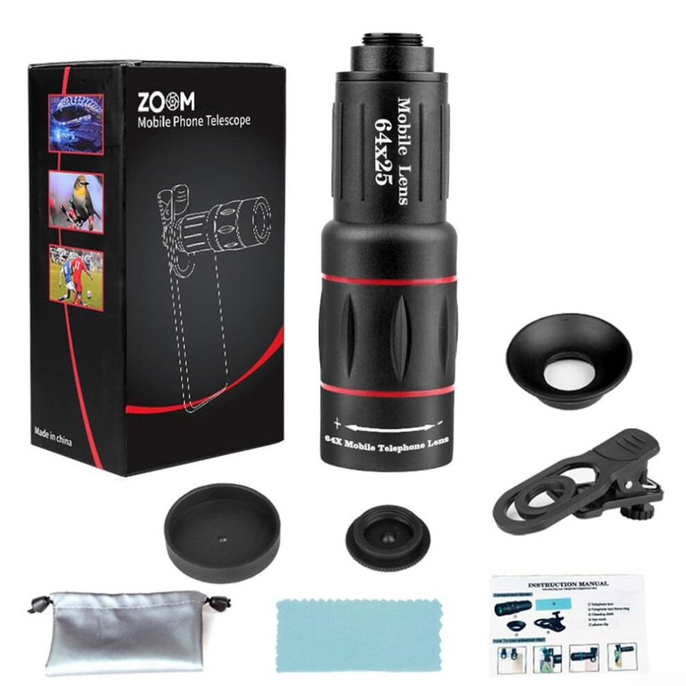 Monocular Zoom Telescope 18X 28X 36X 64X Phone Camera Lens With Adjustable Clip Handheld Stand Bird Watching 9084446423983