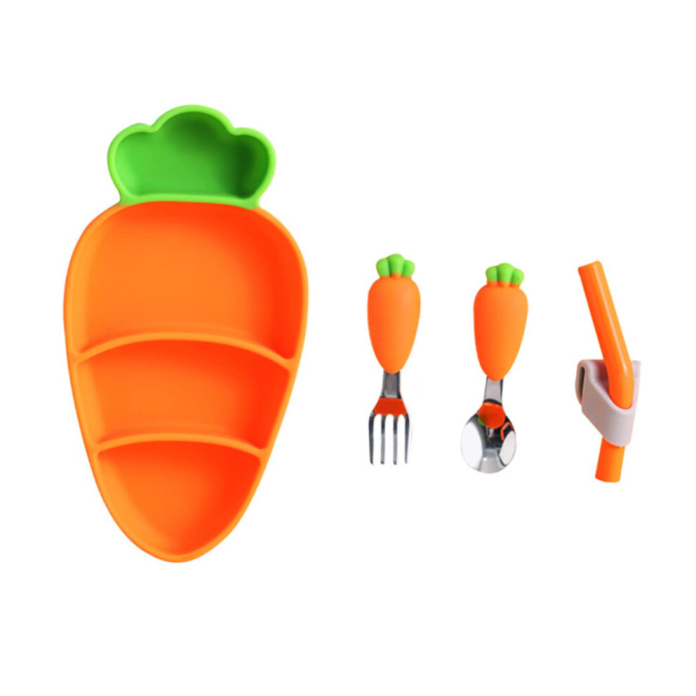Carrot Shaped Plate And Utensils With Spoon, Fork & Straw - Silicone Feeding Set, Soft Handle, Weaning & Self-Feeding