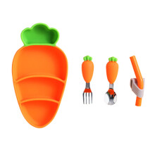 Cutlery Carrot Design Silicone Feeding Plate Set With Spoon Fork Straw For Bottle-To-Solids Self-Feeding Transition