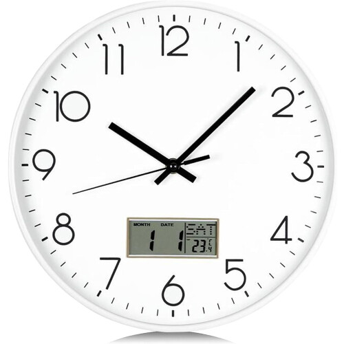12" White Silver LCD Digital Wall Clock with Date