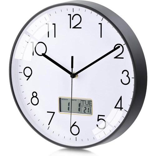 12" Black Silver LCD Digital Wall Clock with Date