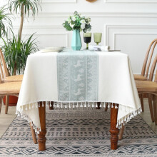 Rectangular Tablecloth 140 x 180 cm White Green Polyester With Tassel Snowflake Deer Pattern Washable Outdoor Indoor Use