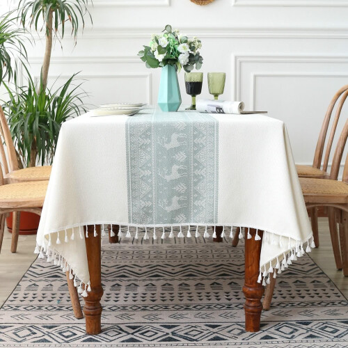 Rectangular Tablecloth 140 x 180 cm White Green Polyester With Tassel Snowflake Deer Pattern Washable Outdoor Indoor Use