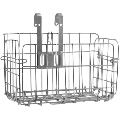 Folding Bicycle Basket With Hook For Front Handlebar Or Rear Seat, Iron Frame, Mountain And Other Bikes, Thin Black 2