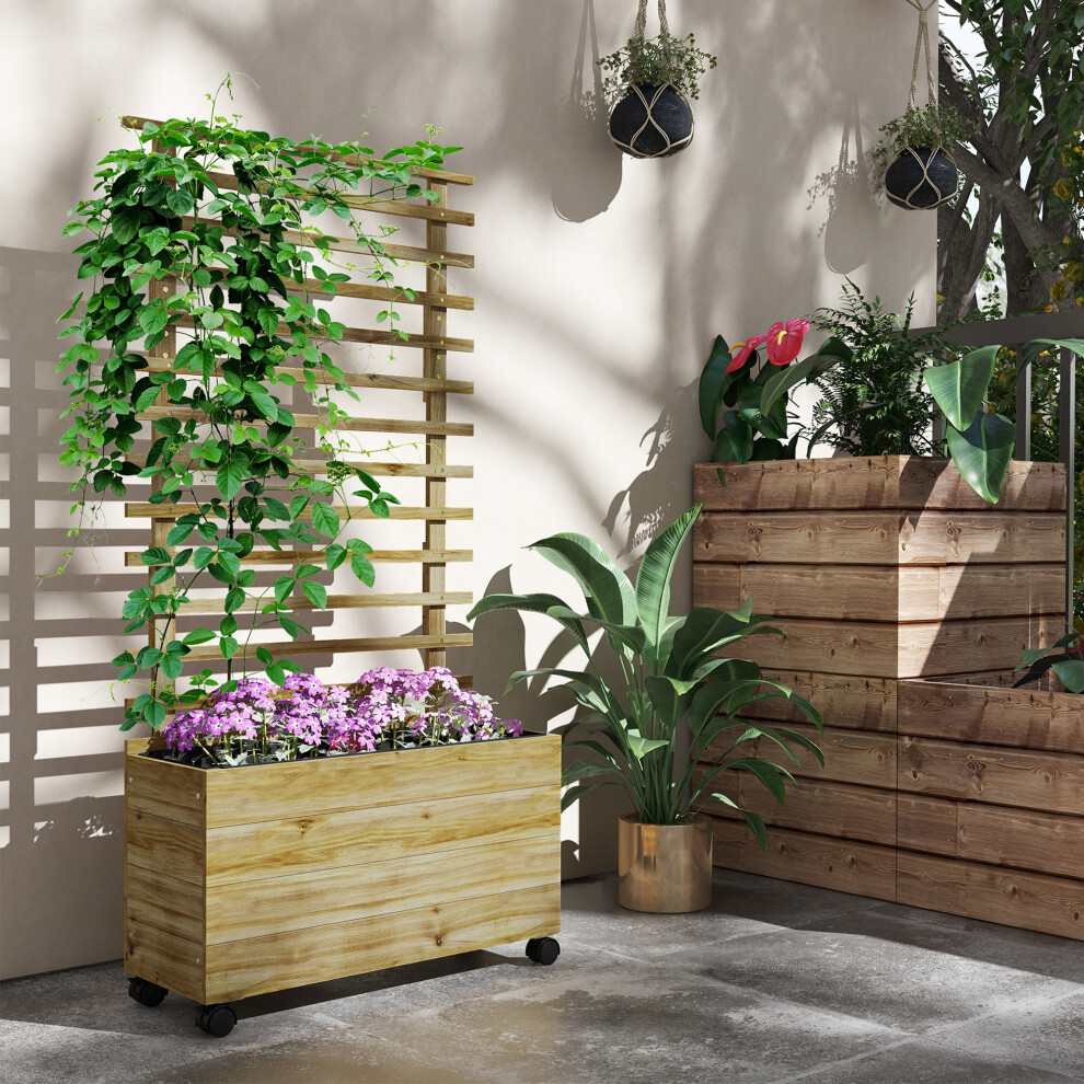 Outsunny Wooden Raised Garden Bed Planter Box with Trellis & Wheels - Brown - Image 3