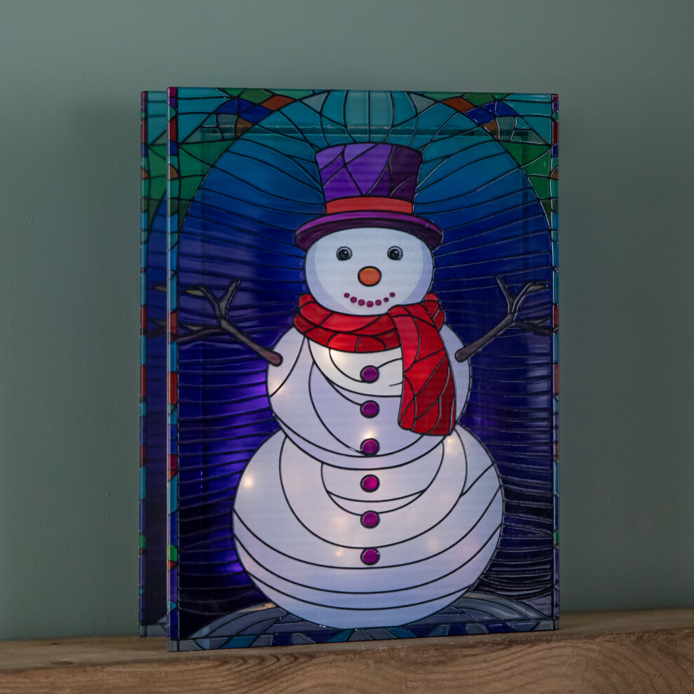 Premier 28Cm Battery Operated Light Up Double Sided Stained Glass Snowman Decoration With Leds