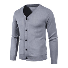 Men's Cardigan V Neck Knitted Shacket Button Down Front Slim Fit Hoodless Grey Size L Autumn Winter