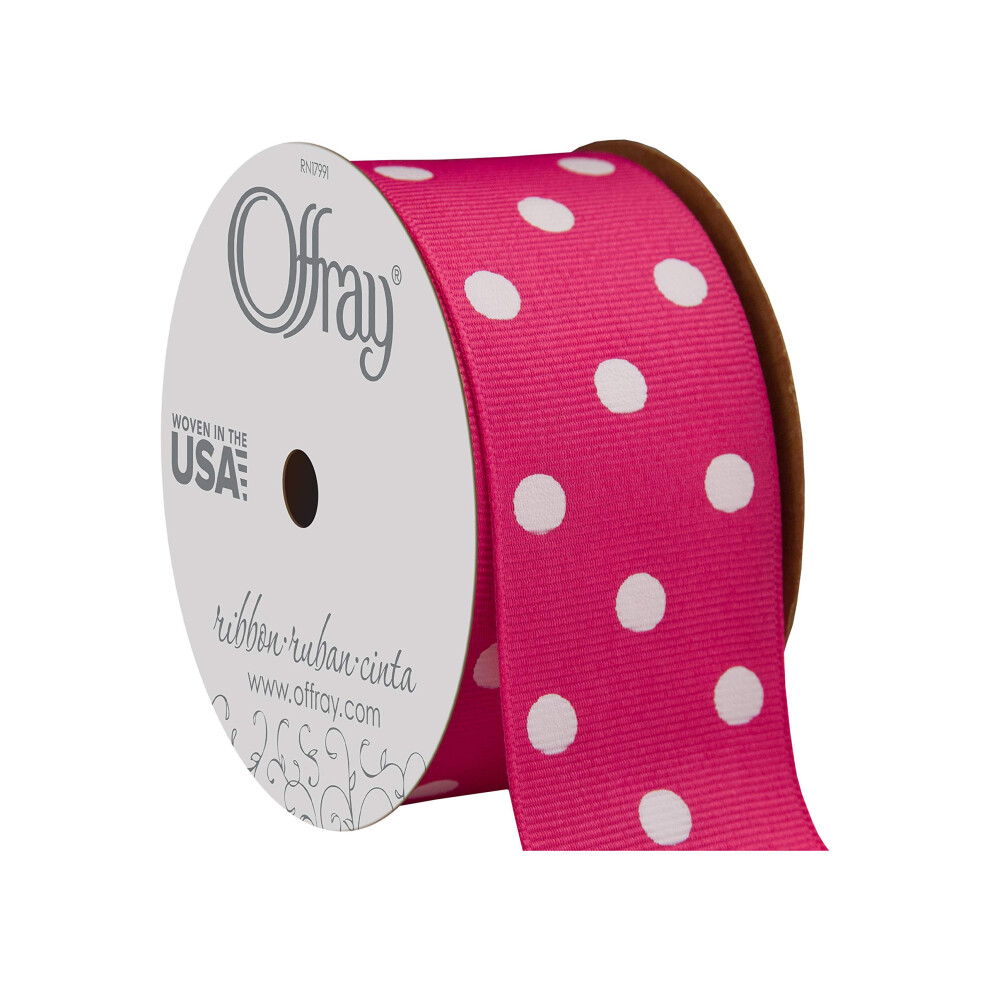 Berwick Offray 945865 1.5"""" Wide Grosgrain Ribbon Shocking And Polka Dot 3 Yards Pink/White