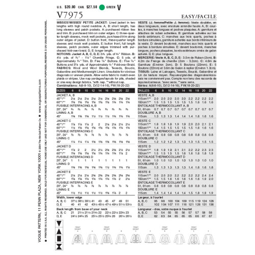VOGUE PATTERNS Vogue Patterns V7975 dames klein jasje maat D (12-14-16) 1