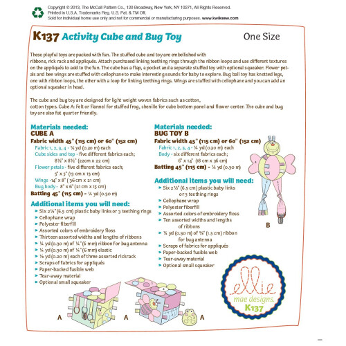 KWIK-SEW PATTERNS K0137OSZ Toys Sewing Template One Size Only 1