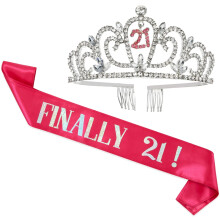 21. F?dselsdag Sash og Krone S?t til Hendes Endelig 21 Hot Pink Refleks Sash Rhinestone Tiara og 21. F?dselsdagsdekorationer