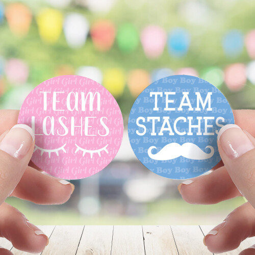 Baby Gender Reveal Team Lashes oder Team Staches Aufkleber Rosa oder Blau – 40 Etiketten 1