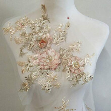 Broderet perle varmboret tredimensionel blomsterblondeapplikation 3D-serien brudekjole/kjole/forestillingsscenekjole/kostumetilbeh?r (beige)