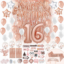 PartyHooman Sweet 16 szletsnapi dekorci Rose Gold, Sweet 16 szrny s tiara kszlet 2 db Httr 25 db Elore sszelltott fotflke kellkek lgg