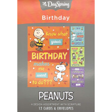DaySpring - Peanuts - Tillykke med f?dselsdagen - 4 designsortiment med Skriften - 12 ?skekort og konvolutter (J0381)