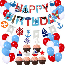 Coolbee 77 stk Nautiske festartikler: Nautisk tillykke med f?dselsdagen Bannerbunting 30 stk Latexballoner (R?d Bl? Hvid) 24 stk Cupcake Toppers