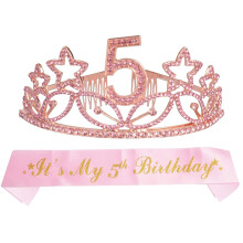 MEANT2TOBE 5-?rs f?dselsdagsserp og diadem til piger - Fantastisk glitterserp og stjerner Rhinestone Pink Premium metal tiara til piger 5-?rs f?d