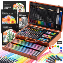 186 Piece Deluxe Art Set, Art Supplies in Wooden Case, Painting Drawing Art Kit with Acrylic Paint Pencils Oil Pastels Watercolour Cakes Colouring
