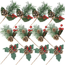 Ferieb?rblomster - S?t med 12 forskellige stilke - Juleblomster med r?de b?r Stedsegr?nne kviste og frostede fyrrekogler - DIY-kranse Guirlander