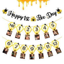 3 STK Happy Bee Day Festpynt Humlehonningbi 1. f?dselsdag Babyfotobanner til nyf?dte til 12 m?neder M?nedlig milep?l Fotografi Bunting Garland F?