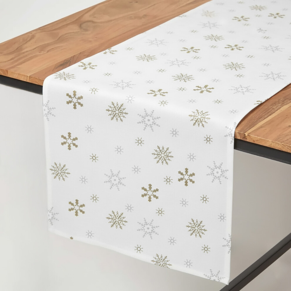 Homescapes Cotton Christmas Snowflake Table Runner Gold