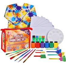 J MARK Juego de pintura para niρos pequeρos de 38 piezas, incluye pintura al temple lavable, bata artνstica, pinceles de papel, herramientas