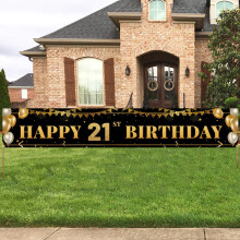 Stort tillykke med 21-?rs f?dselsdagsdekorationsbanner Sort og guld f?dselsdagsbannerskilt 21st Party Decorations Supplies (9,8x1,6ft)