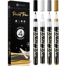 Stylo Metallic Acrylic Paint Pens - White, Black, Gold and Silver Permanent Acrylic Markers for Christmas Cards, Glass, Ceramic, Rock Painting, A