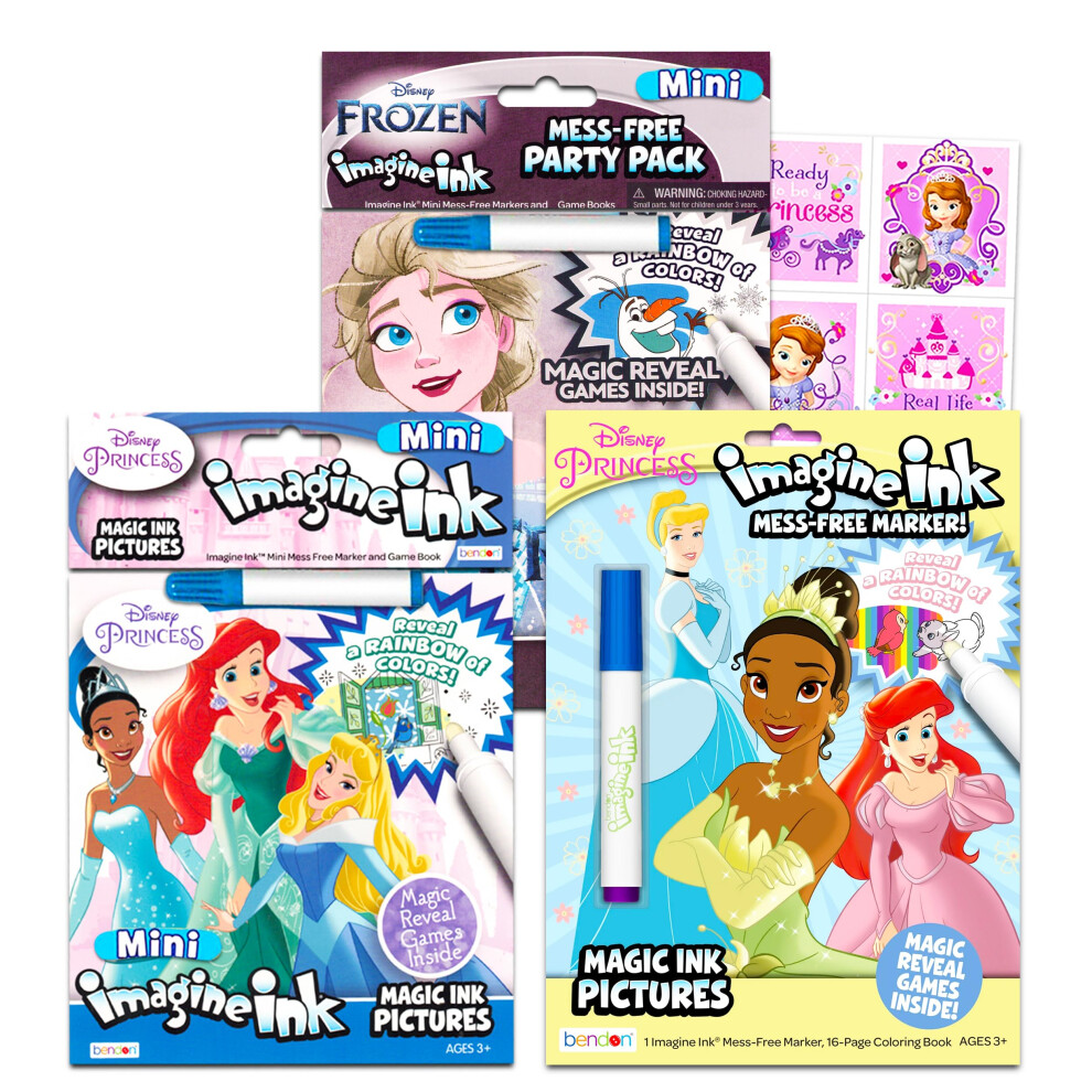 Disney Princess Mess-Free Coloring Book Set ~ 3 Piece Princess And Frozen Imagine Ink Activity Books | Frozen Activity Bundle With Stickers (D