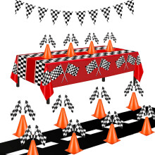 Racerbiler F?dselsdagsdekorationer Racecar Centerpiece dekoration til b?rn - Orange Racing kegler (12) Ternet flag (24) Plastdug (54""""x108"""") Flo
